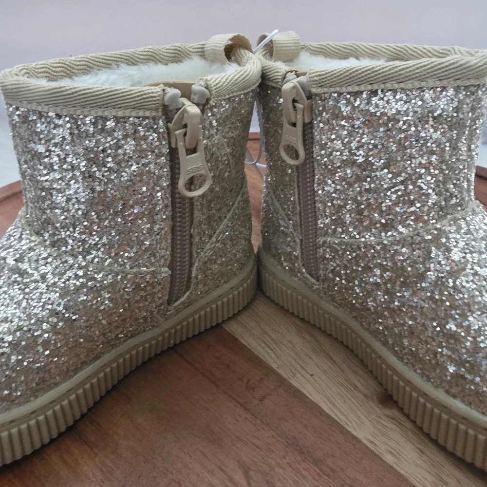 Cat & Jack Glitter Ankle Boots Toddler 5 Gold New Faux Fur Lined Zipper